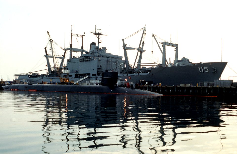 USS Nevada (SSBN-733) and USS Mobile (LKA-115) at Long Beach NS 1990