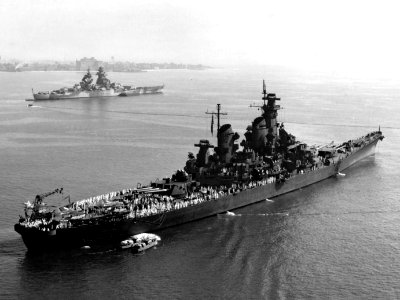 USS New Jersey (BB-62) and French battleship Richelieu at anchor on 7 September 1943 (80-G-204842)