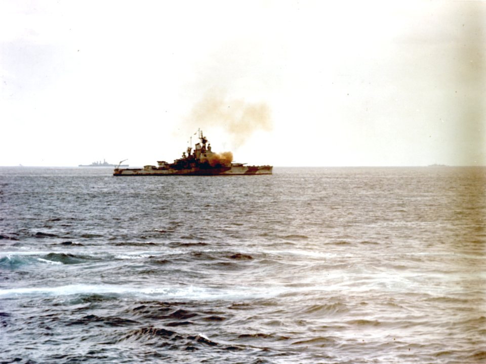 USS Nevada (BB-36) bombarding Iwo Jima, 18 January 1945-k03510