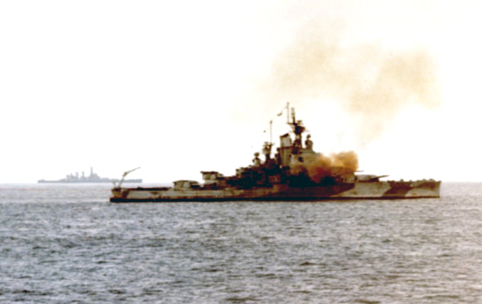 USS Nevada (BB-36) bombarding Iwo Jima, 18 January 1945-k03510 (cropped)