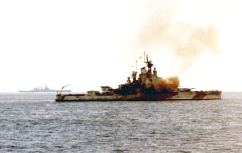 USS Nevada (BB-36) bombarding Iwo Jima, 18 January 1945-k03510 (cropped)