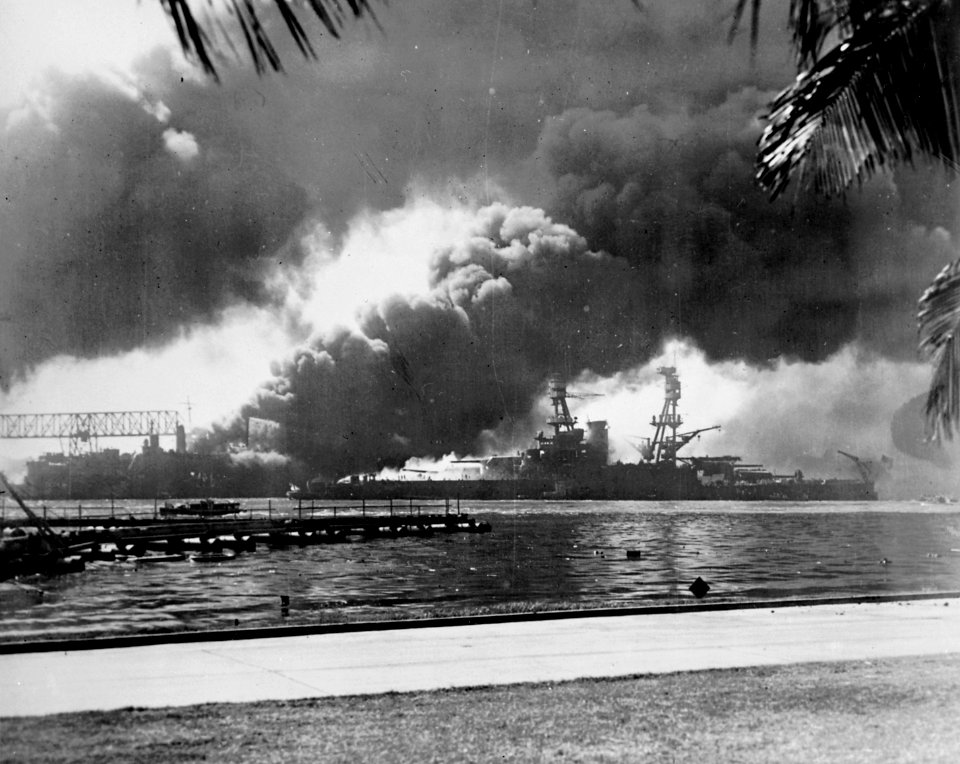 USS Nevada (BB-36) afire off Ford Island 1941