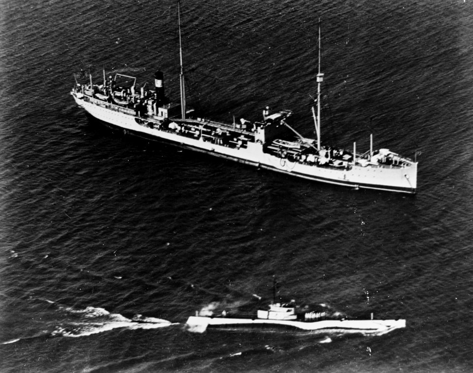USS Neches (AO-5) and the submarine S-26 at sea before World War II