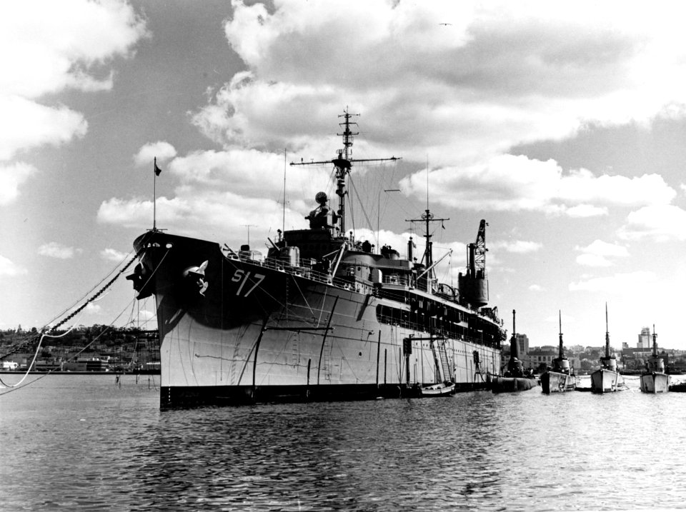 USS Nereus (AS-17) with submarines at San Diego, California (USA), circa in 1965 (NH 69846)