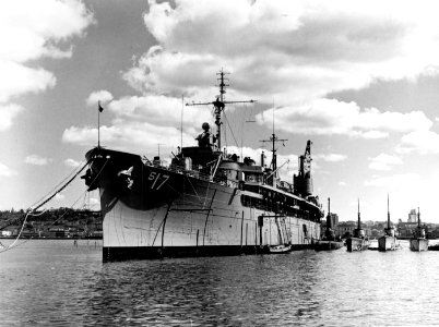 USS Nereus (AS-17) with submarines at San Diego, California (USA), circa in 1965 (NH 69846)