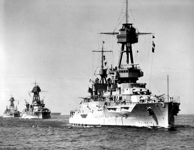 USS New York (BB-34), USS Nevada (BB-36) and USS Oklahoma (BB-37) underway during maneuvers, in 1932 (NH 48138)