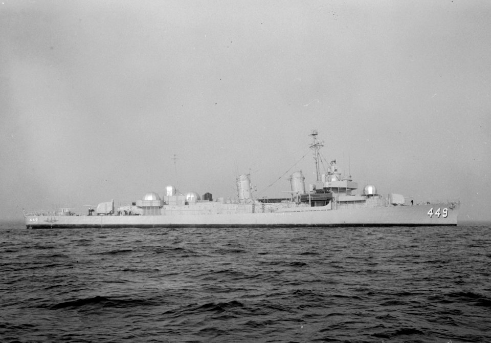 USS Nicholas (DDE-449) underway on 16 February 1950