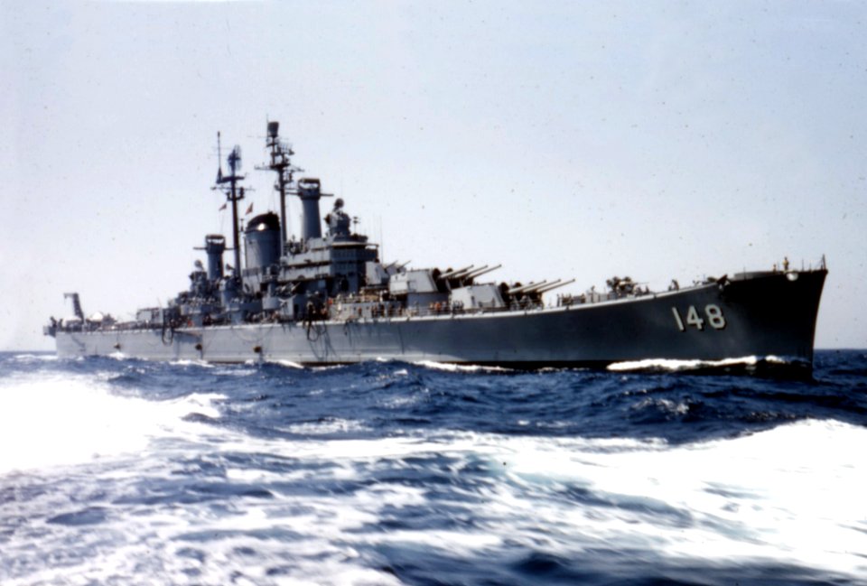USS Newport News (CA-148) underway in the Mediterranean Sea on 9 September 1957
