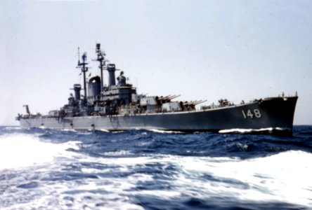 USS Newport News (CA-148) underway in the Mediterranean Sea on 9 September 1957