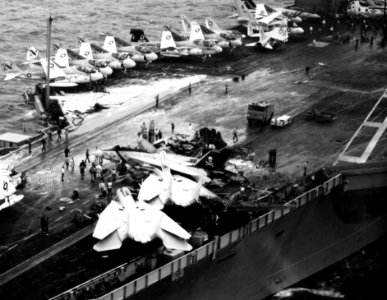 USS Nimitz (CVN-68) flight deck after 1981 EA-6B crash photo