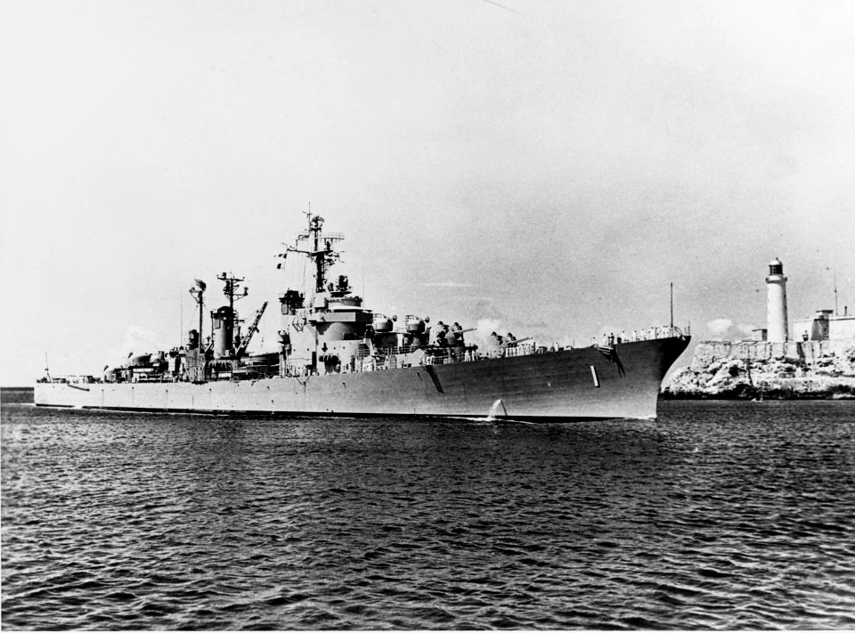 USS Norfolk (DL-1) entering port, circa in 1957 (NH 94162)