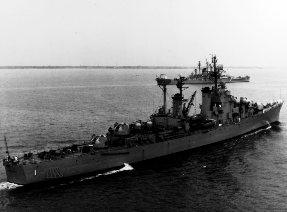 USS Norfolk (DL-1) and USS Newport News (CA-148) underway in the mid-1950s (NH 94159)