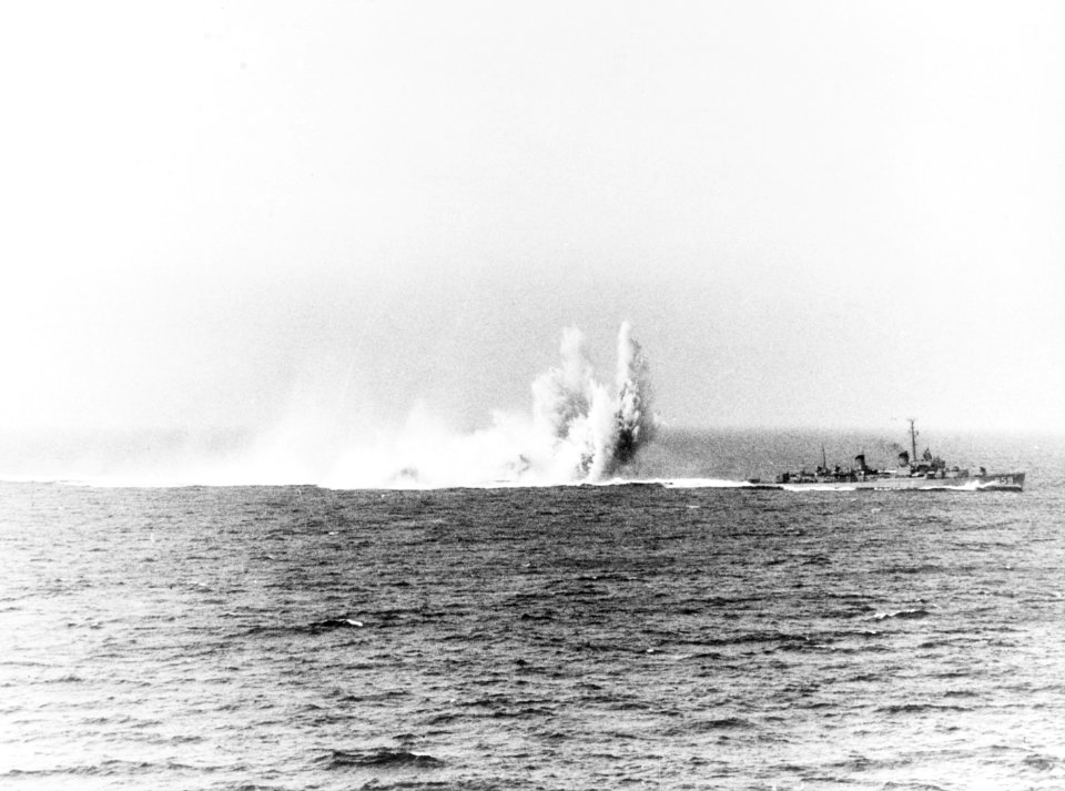 USS Norris (DD-859) drops depth charges in April 1950