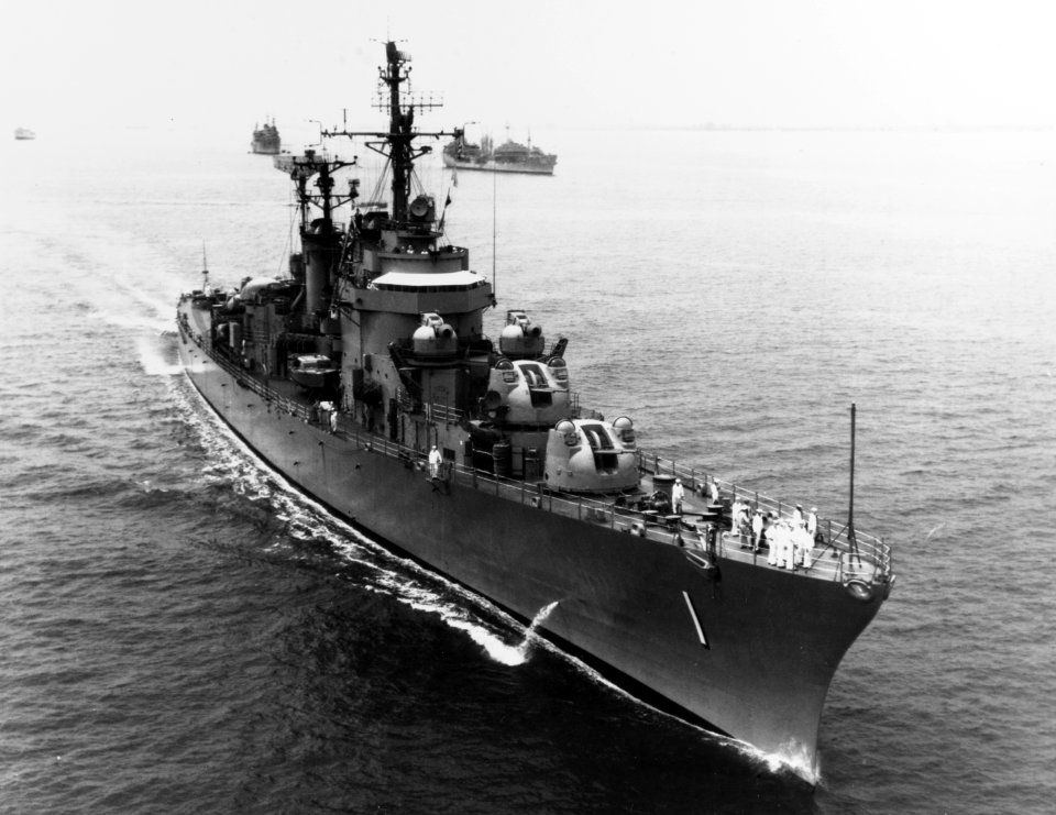 USS Norfolk (DL-1) underway in Hampton Roads on 6 September 1955 (NH 94158)