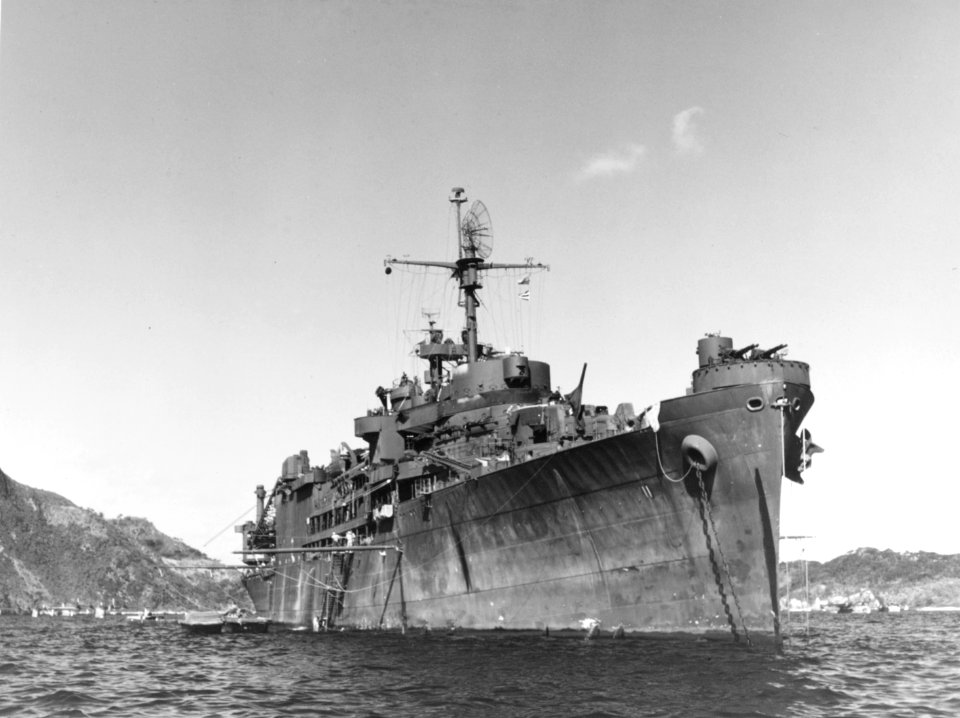 USS Norton Sound (AV-11) anchored in Tanapag Harbor, Saipan, in April 1945 (80-G-K-16199)
