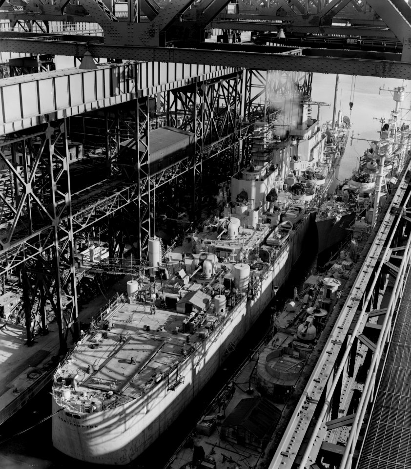 USS Northampton (CLC-1) at the Fore River Shipyard in December 1952