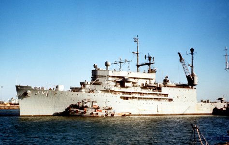 USS Norton Sound (AVM-1) leaves the Long Beach Naval Shipyard for gunnery trials, circa in 1969 (6454886)