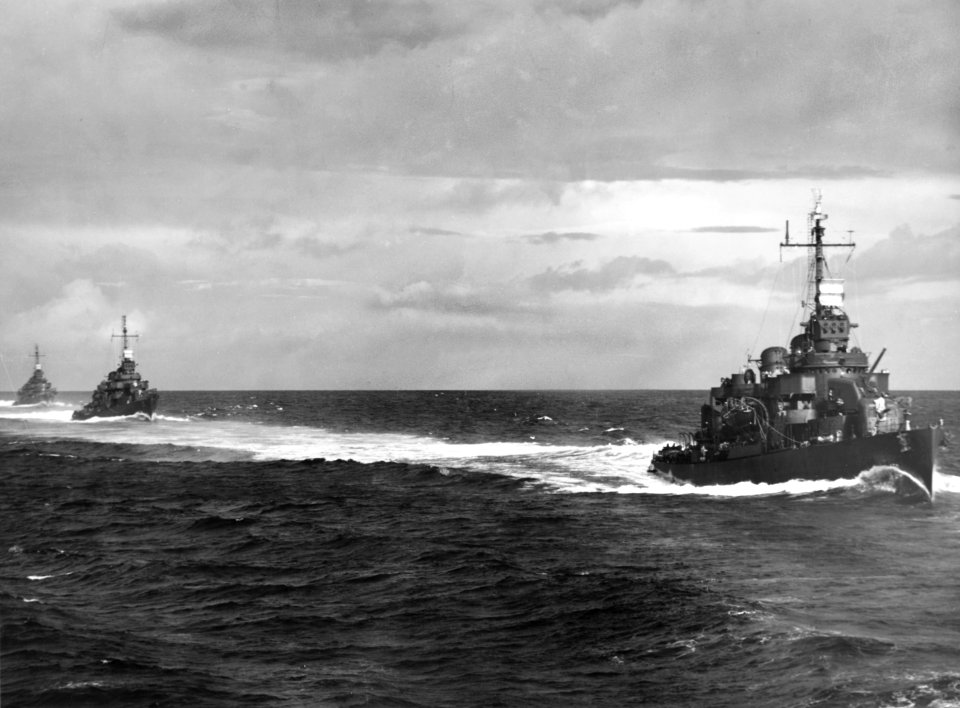 USS O'Bannon (DD-450), USS Chevalier (DD-451) and USS Taylor (DD-468) underway on 15 August 1943 (80-G-58803)