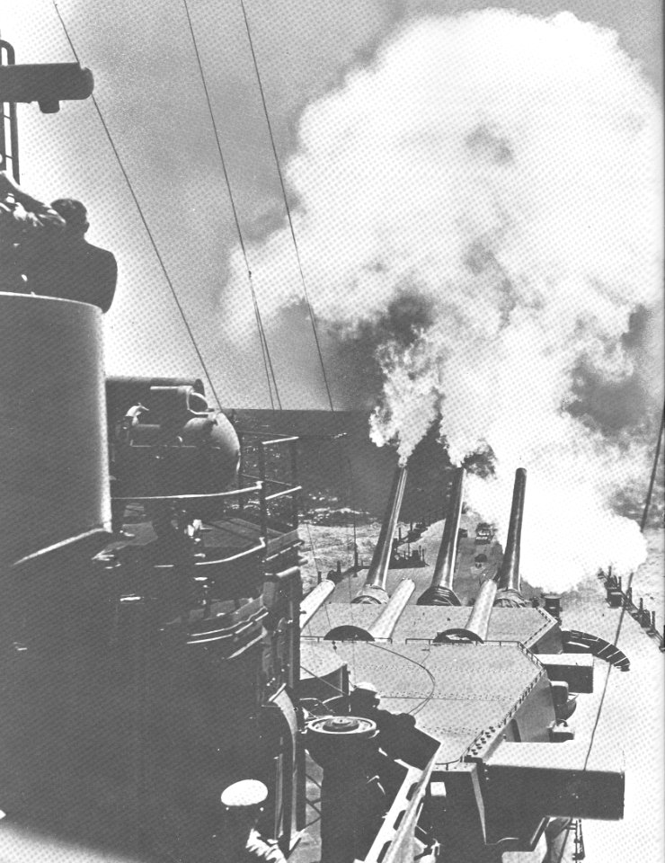 USS North Carolina fires over bow
