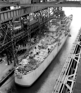 USS Northampton (CLC-1) at the Fore River Shipyard in December 1951