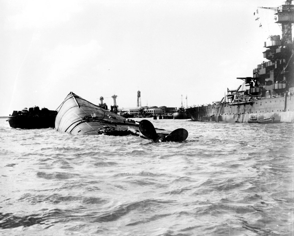 USS Oklahoma (BB-37) capsized at Pearl Harbor (view from aft)