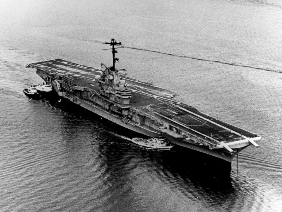 USS Oriskany (CV-34) being towed to Bremerton in October 1976