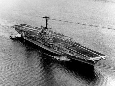 USS Oriskany (CV-34) being towed to Bremerton in October 1976