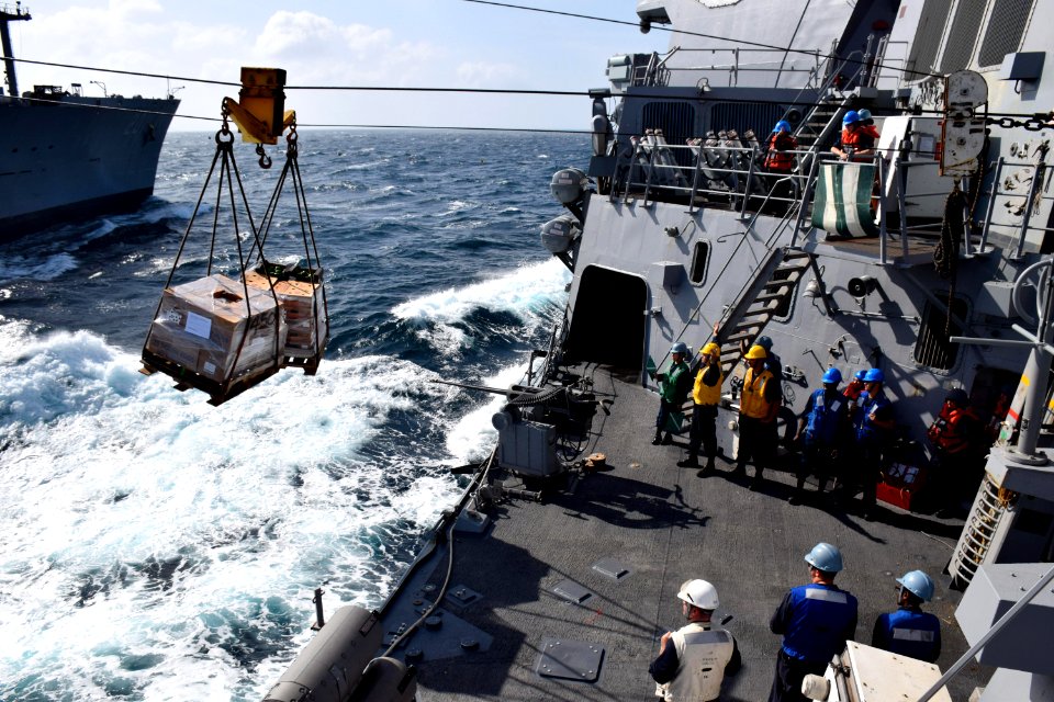 USS Oscar Austin conducts a replenishment-at-sea. (16694862675)