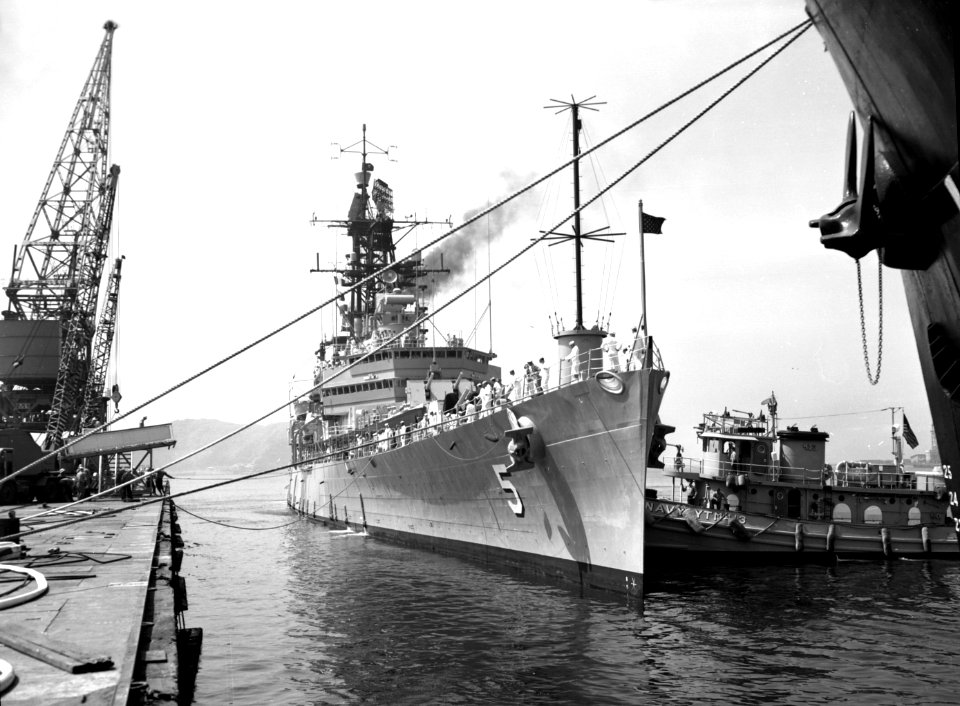 USS Oklahoma City (CLG-5) mooring in a port, circa in the early 1960s (142664337)