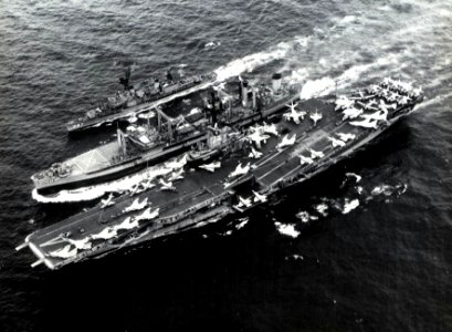 USS Passumpsic (AO-107) refueling USS Ticonderoga (CVA-14) and USS Brinkley Bass (DD-887), circa in 1967