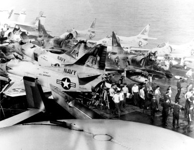 USS Oriskany (CVA-34) fire 1966 A-4s on flight deck