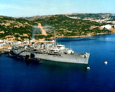 USS Orion (AS-18) anchored at Naval Support Activity La Maddalena, Italy, on 1 September 1983 (6369543)