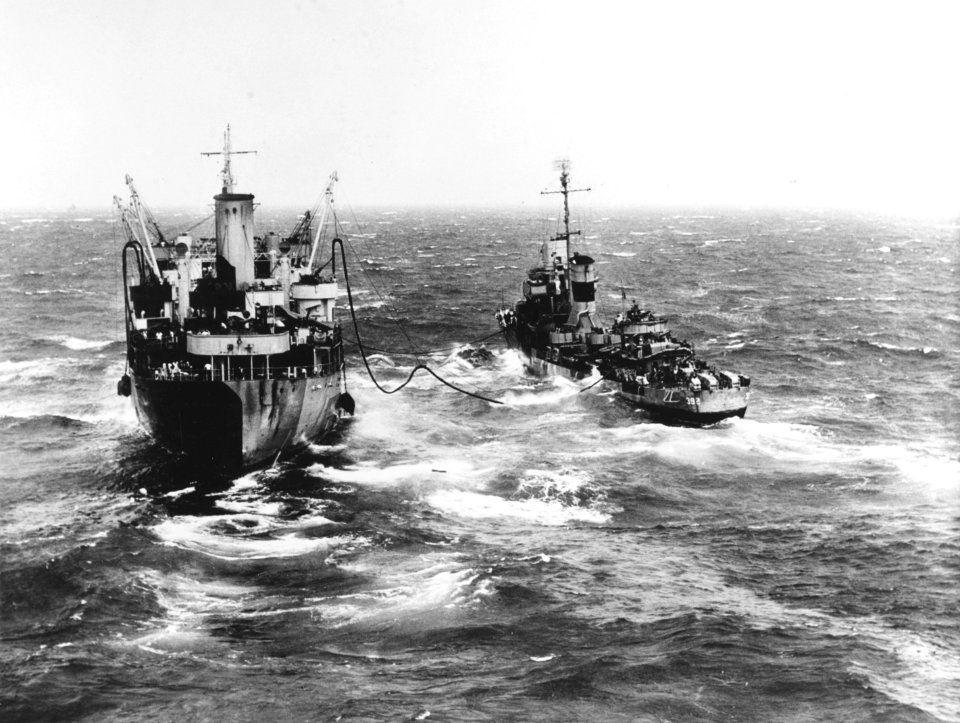 USS Patterson (DD-392) refueling from an oiler on 12 January 1945 (80-G-301251)