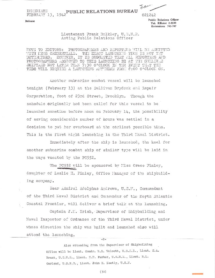 USS PC-552 Launch Press Release