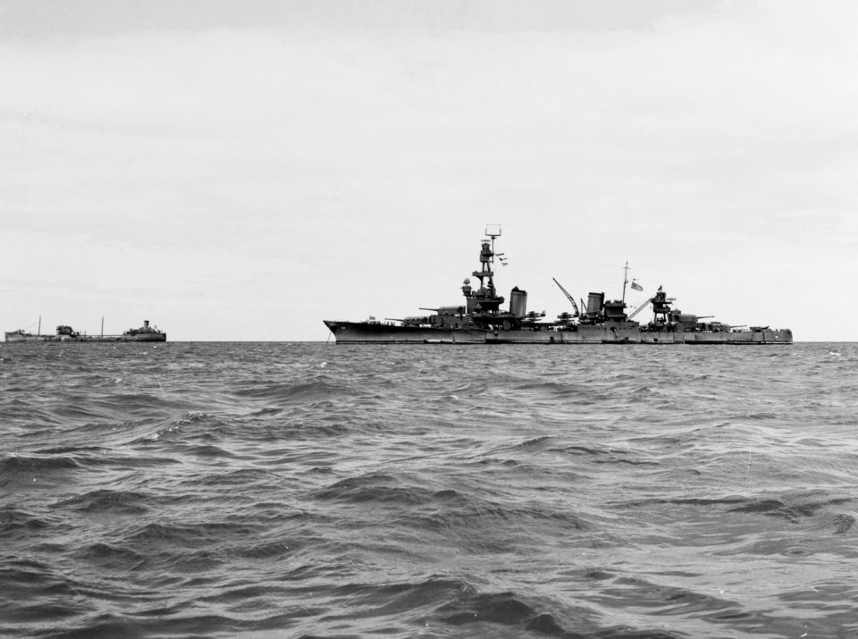 USS Pensacola (CA-24) at anchor in September 1942