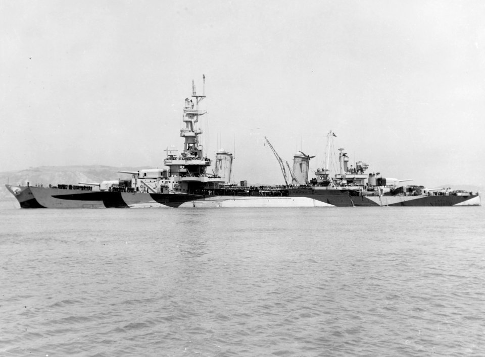USS Pensacola (CA-24) underway off the Mare Island Naval Shipyard on 20 May 1944 (19-N-66951)