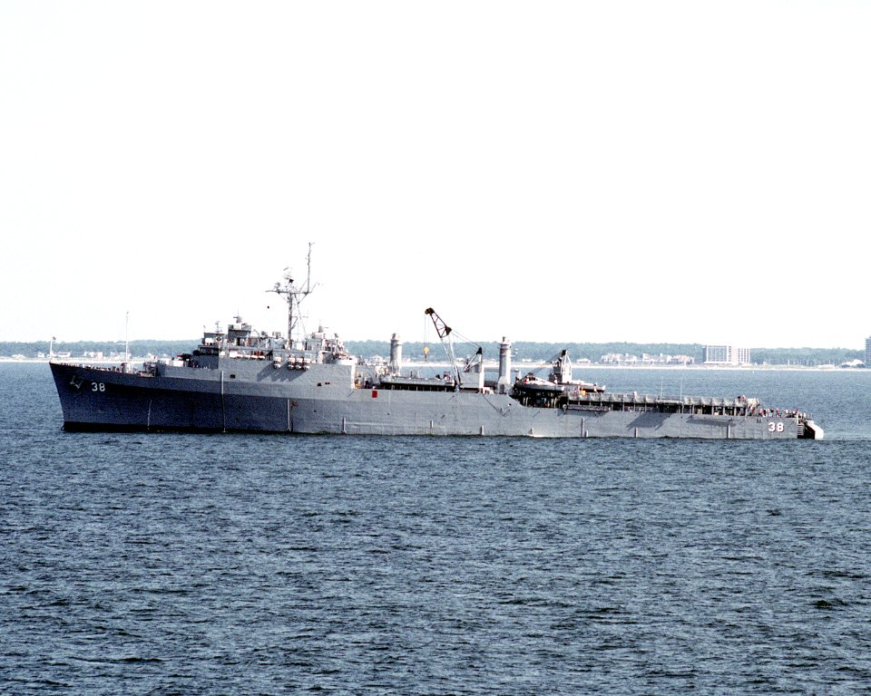 USS Pensacola (LSD-38) at anchor near Hampton Roads on 2 August 1990