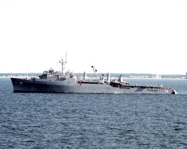 USS Pensacola (LSD-38) at anchor near Hampton Roads on 2 August 1990