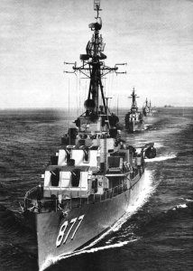 USS Perkins (DDR-877) leading other ships of the U.S. Destroyer Division Eleven, circa 1954 (NH 99521)