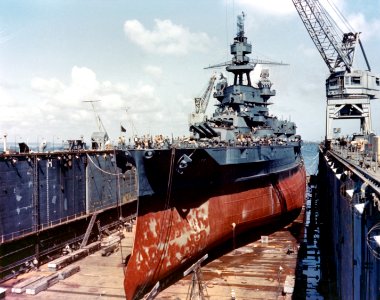 USS Pennsylvania (BB-38) drydocked in an Advanced Base Sectional Dock at the Pacific c1944