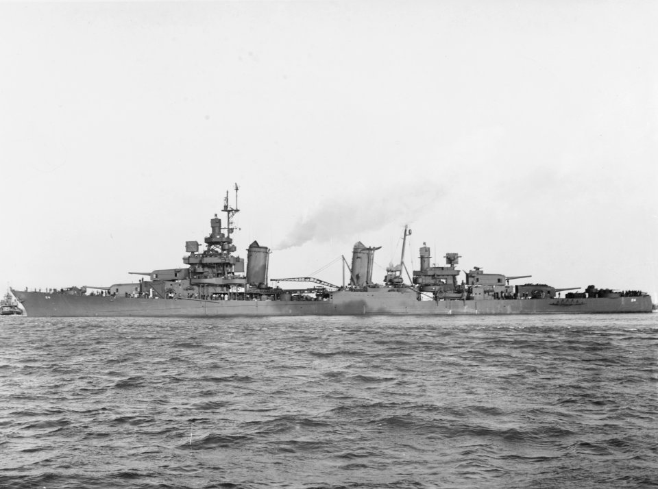 USS Pensacola (CA-24) off the Mare Island Naval Shipyard, California (USA), on 29 June 1945 (19-N-87787)