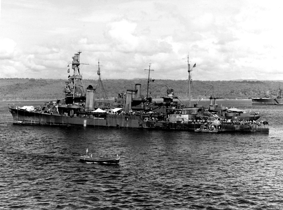 USS Pensacola (CA-24) alongside of USS Vestal (AR-4) after the Battle of Tassafaronga, 17 December 1942 (80-G-33862)