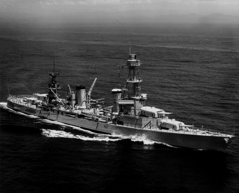 USS Pensacola (CA-24) underway at sea in September 1935 (NH 97838)