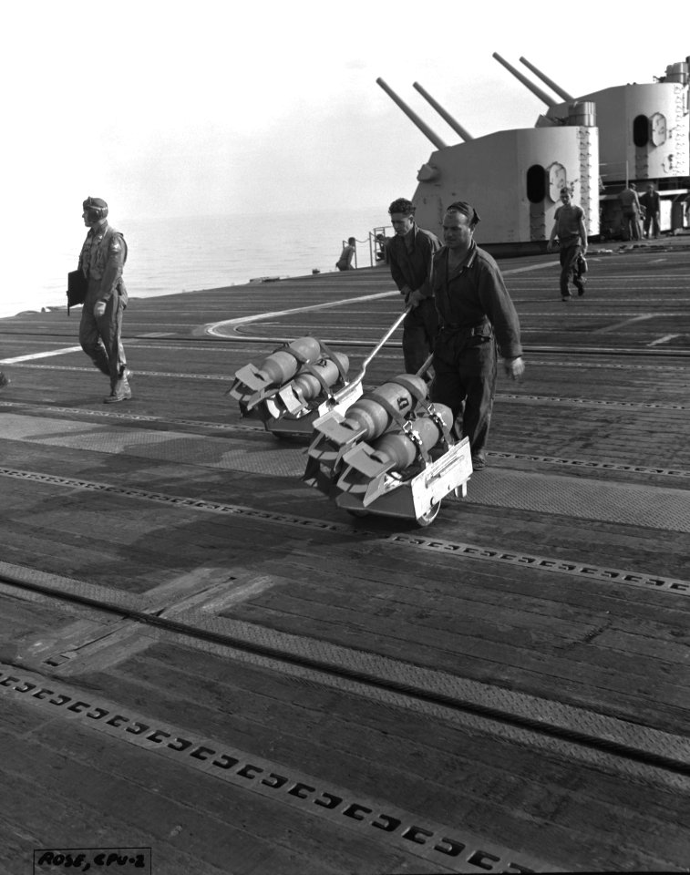 USS Philippine Sea (CV-47) flight deck crew with bombs