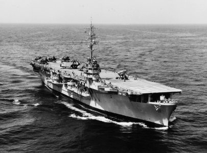 USS Point Cruz (CVE-119) underway at sea east of Japan in July 1953