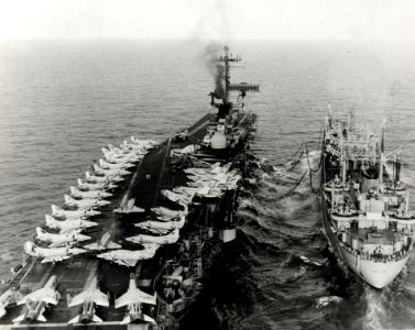 USS Poncatoula (AO-148) refuels USS Hancock (CVA-19) off Vietnam in December 1968 photo