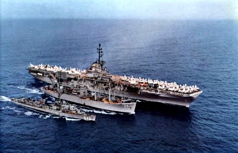 USS Pictor (AF-54) replenishing USS Yorktown (CVA-10) and USS Bausell (DD-845) in 1957