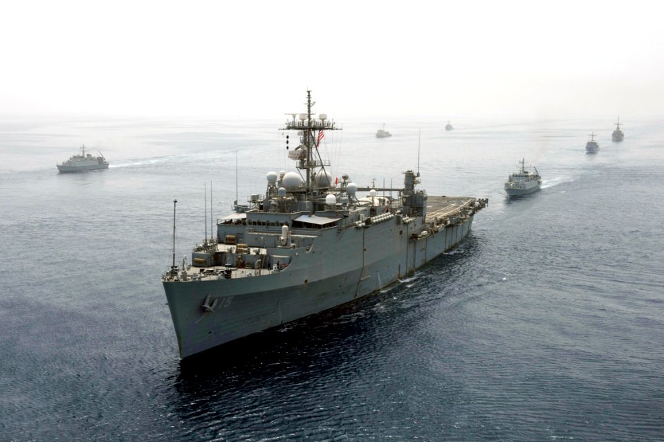 USS Ponce leads a formation of ships. (8782309697)