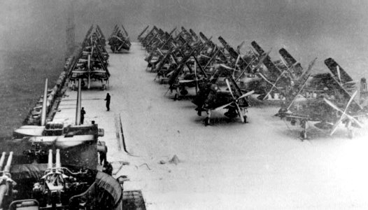 USS Philippine Sea (CV-47) flight deck with snow Nov 1950