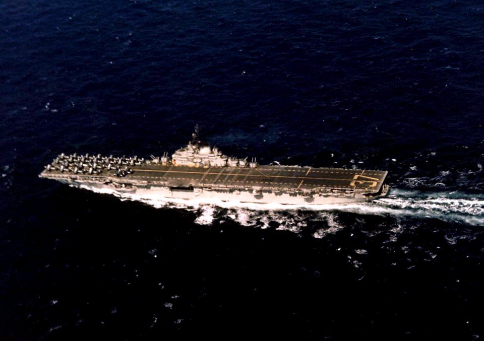USS Princeton (CV-37) aerial photo off Korea c1951